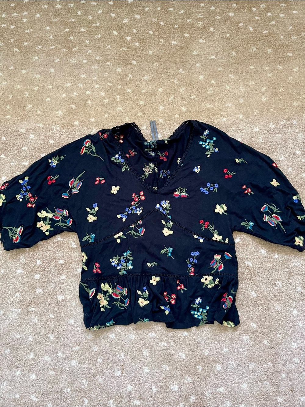 Anthropologie Black Floral Embroidered Peplum Blouse
